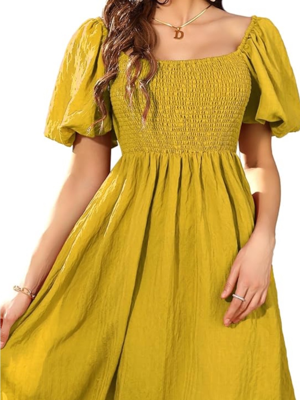 Smocked Square-Neck Mini Dress with Layered Ruffle Sleeves — Yellow